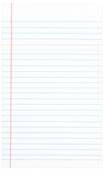 white blank lined notepad paper. A4 size paper texture on white background. clipping path. transparent background. sheet paper.