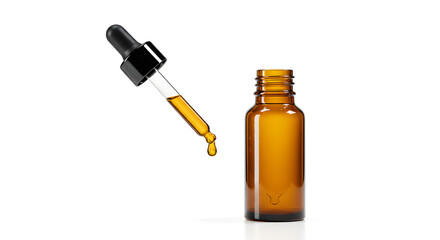 Obraz premium Frasco âmbar com óleo essencial e gota pendente