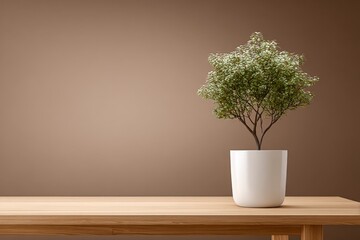 Minimalist Potted Plant on Wooden Table Against a Neutral Background for Interior Design Mockups