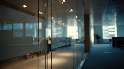 Obraz premium Modern office interior featuring glass partition, creating subtle gradient effect. reflection adds depth to workspace, enhancing professional atmosphere