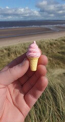 Hand holding a small pink ice cream cone on a beach