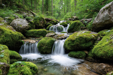 A peaceful waterfall cascading over mossy rocks in vibrant forest scenery