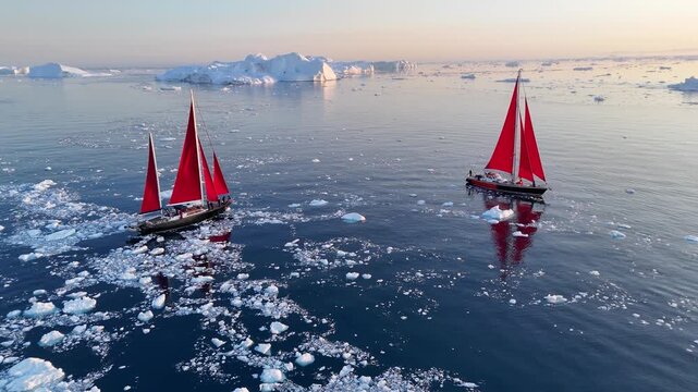 Little red sailboat cruising among floating icebergs in Disko Bay glacier during midnight sun season of polar summer. Ilulissat, Greenland. Global warming and melting glaciers.