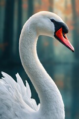 Fototapeta premium Elegant white swan with sunlight illuminating feathers in a serene forest setting