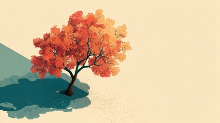 Top angled view of a solitary tree rendered with clean lines minimal shapes and three toned palette