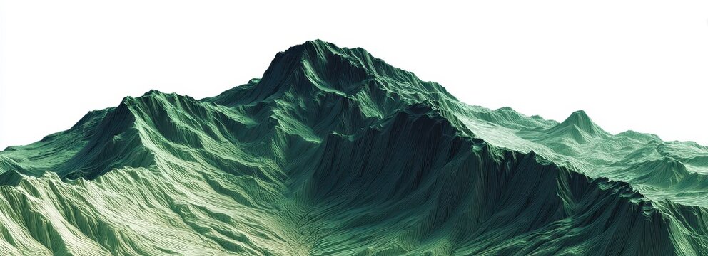 Detailed digital render of a mountain range in shades of green