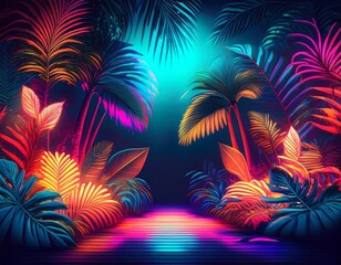 tropical dark trend jungle in neon illuminated lighting exotic palms and plants in retro style
