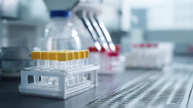 Laboratory equipment arranged on clean bench, featuring test tubes with yellow caps, pipettes, and various containers. setting conveys sense of precision and scientific exploration