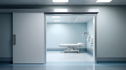 Modern operating room features automatic sliding door, providing easy access. clean, sterile environment includes hospital bed and medical equipment, ensuring readiness for procedures