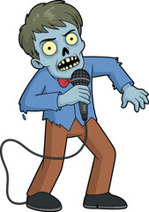 Cartoon zombie singing with microphone, blue-skinned undead performer in torn shirt and bow tie, funny horror character, creative concept art