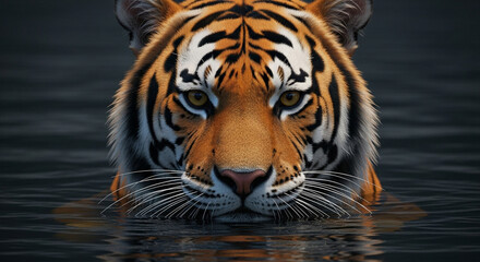  Close-up of a majestic adult tiger with bright orange and black-striped wet fur emerging from dark water, intense amber eyes glowing under dramatic cinematic lighting, capturing its powerful and aler