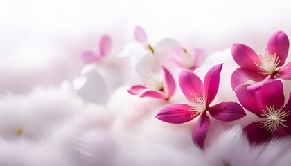 floral background with isolated fuchsia flowers on white soft petals flower field