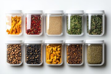 Assortment of Dry Herbs and Spices in Glass Jars Culinary Ingredients on transparent background