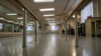 Spacious rehabilitation gym featuring empty parallel bars, clean mirrors, and polished floors. bright lighting enhances open atmosphere, creating welcoming environment for fitness activities