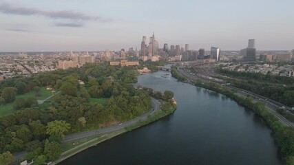 Aerial view of Downtown Philadelphia. Shot along the Schuylkill River on a summer day.