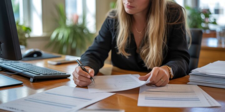 Business woman working at her desk, signing documents in the office