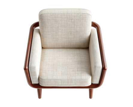 PNG modern solid wood armchair with light beige upholstery, top view perspective