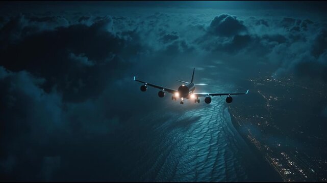 A cinematic exterior tracking shot of a massive airplane flying at night over the ocean, its glowing lights illuminating thick clouds ahead as they rush past the plane cuts through the dark sky with