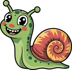 Cheerful cartoon snail with red yellow shell, green spotted body, smiling character illustration, cute animal art for kids
