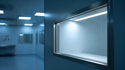 Clean and modern pass through window is featured in sterile environment, illuminated by bright LED lighting. space conveys sense of precision and hygiene, ideal for laboratory or medical settings