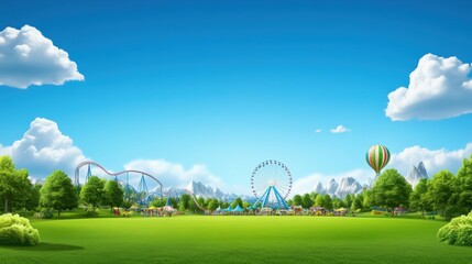 Scenic amusement park view with rides, trees, and clear blue sky
