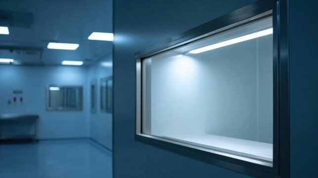 Clean and modern pass through window is featured in sterile environment, illuminated by bright LED lighting. space conveys sense of precision and hygiene, ideal for laboratory or medical settings