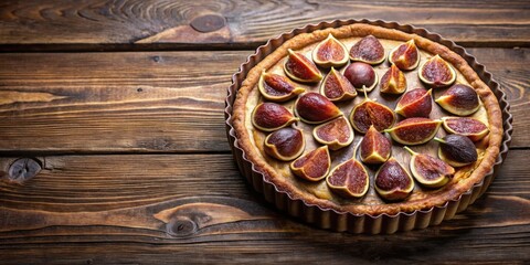Whole wheat tart with chocolate frangipane and caramelized figs on a rustic wooden table