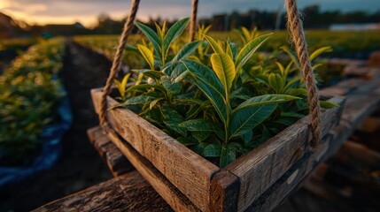 Frische Teepflanzen auf einer Feldernte in der Abenddämmerung