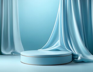 pastel blue podium with satin wave curtain on pastel blue background