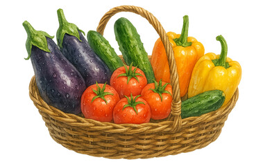 Watercolor Illustration of Summer Vegetables in a Basket – Eggplant, Tomato, Bell Pepper, Cucumber