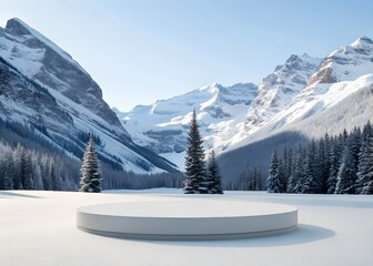 Snowy mountain winter scene product display citcular platform