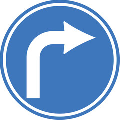  blue circular traffic sign with white right turn arrow indicating mandatory direction on isolated background