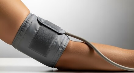 person's arm with blood pressure cuff measuring on white background