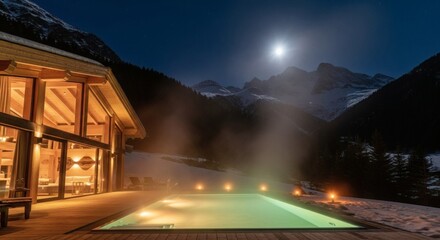 Fototapeta premium luxury wooden chalet and illuminated outdoor swimming pool in snowy mountains at night