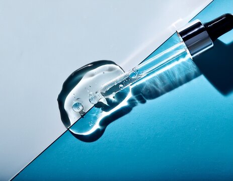 pipette serum with clear liquid niacinamide hyaluronic or aha bha acids on a blue white isolated background textured swatch skincare laboratory cosmetic