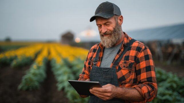 Landwirt nutzt Tablet zur Pflege seiner Felder in der Abendd&auml;mmerung