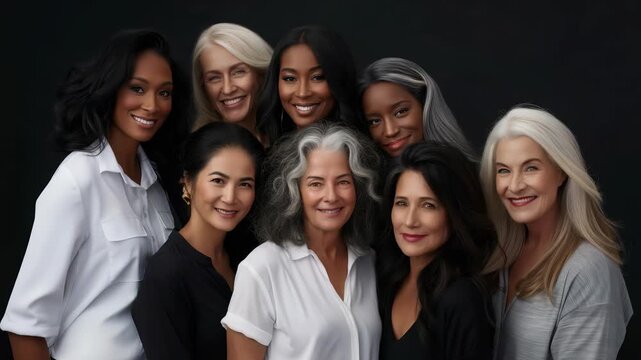 A group nine mature women with diverse backgrounds, skin tones,, hair colors are smiling. Set against black backdrop, they are dressed in casual attire, exuding confidence, warmth