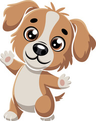Cute brown and white cartoon puppy with floppy ears, expressive eyes, raised front paws, smiling face, upright pose, friendly character