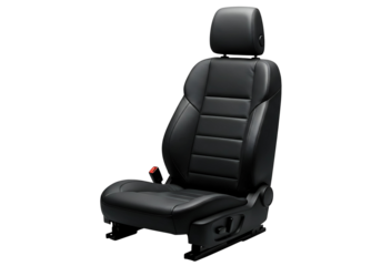 Black leather car seat with headrest isolated on transparent background