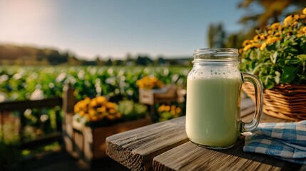 Frisch zubereitetes Getränk in ländlicher Umgebung mit blühenden Blumen im Sonnenlicht