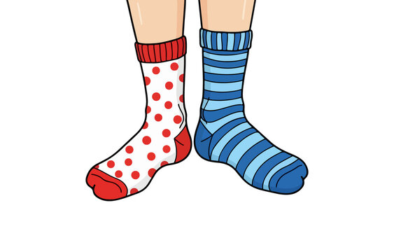 Feet wearing mismatched patterned socks isolated on transparent background
