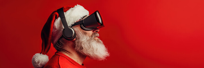 Side view of cheerful bearded overweight Santa Claus wearing virtual reality headset, enjoying immersive futuristic experience, symbolizing the blend of innovation,Christmas spirit, copy space, banner