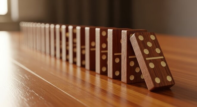 wooden dominoes falling in a row illustrating the domino effect