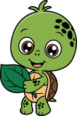 Cute cartoon baby turtle with green body, dark spots, brown eyes, beige shell, holding leaf, smiling friendly animal character, isolated illustration