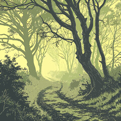 Stylized Illustration of a Forest Path with Trees and Bushes