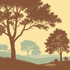 Stylized Landscape Illustration with Trees Hills and a Warm Color Palette