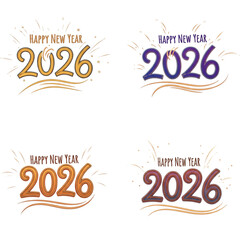 Four festive happy new year 2026 designs with colorful text