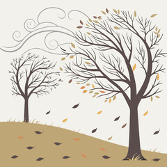 Autumn trees with falling leaves and blowing wind vector illustration