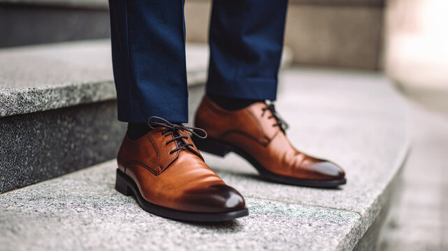 A low-angle, close-up shot of a man's lower legs in navy blue suit pants and polished, brown leather dress shoes with black laces, standing on a stone step. The focus is on the formal footwear