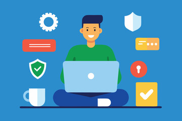 Photo of a man is working on his laptop with security and privacy icons around him, ensuring his data is protected isolated on white background